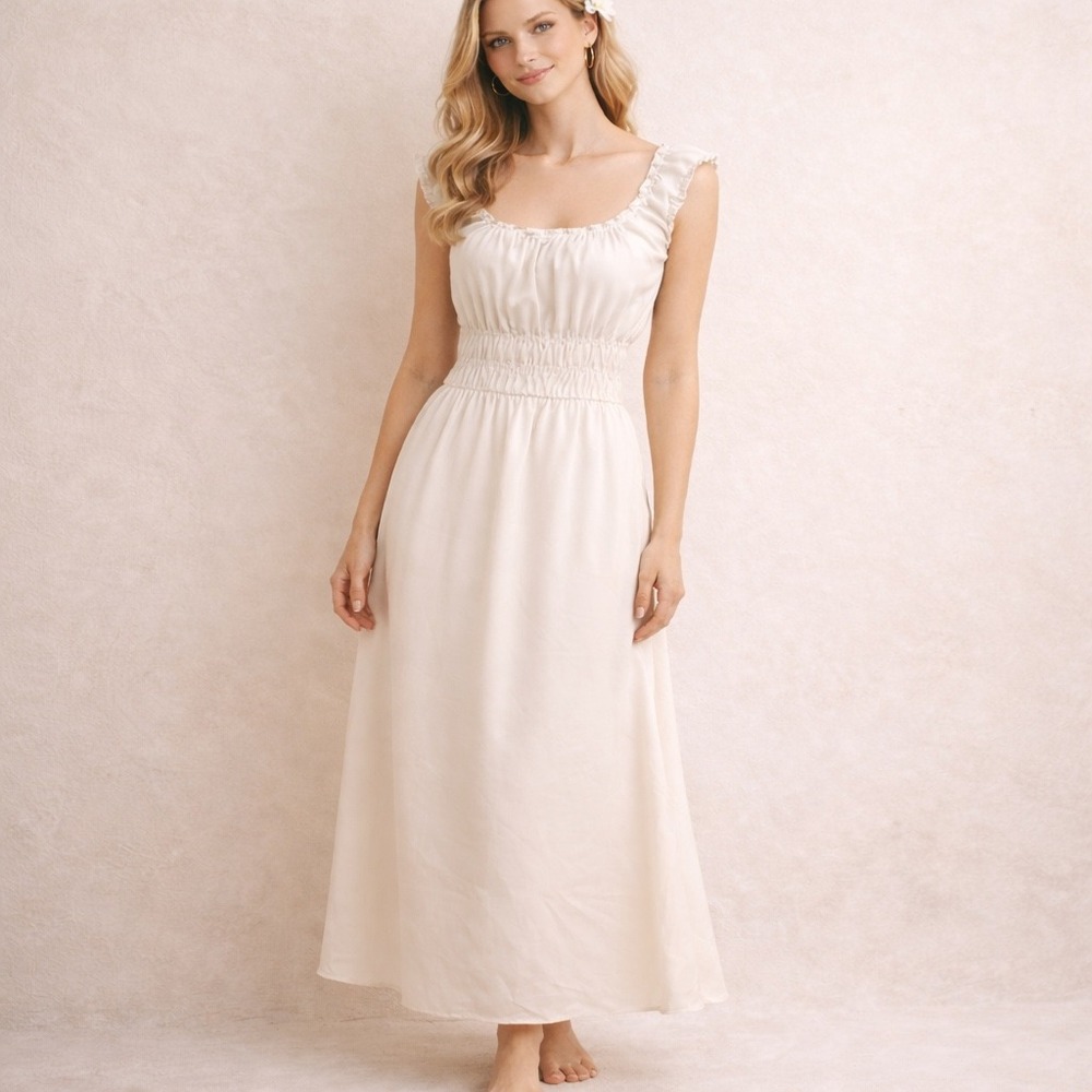 The‎ Kooples Denby Crepe Maxi Dress Ecru Off-White Smocked Waist Ruffle NEW $405
